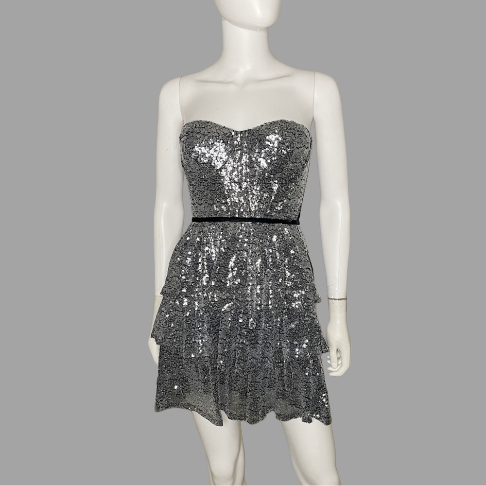 Silver Sequin Tiered Strapless‎ Mini Dress